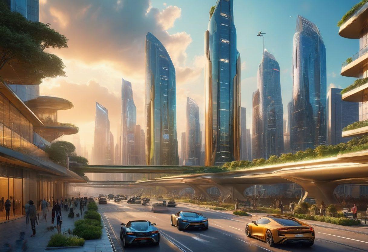 A futuristic cityscape bathed in golden light, showcasing sleek, towering skyscrapers with green roofs and flying cars zipping by. Diverse people engaged in hi-tech activities using transparent, holographic devices. In the background, an artificial intelligence hub glowing with soft blue light. The scene is vibrant and brimming with innovation and harmony. super-realistic. vibrant colors.