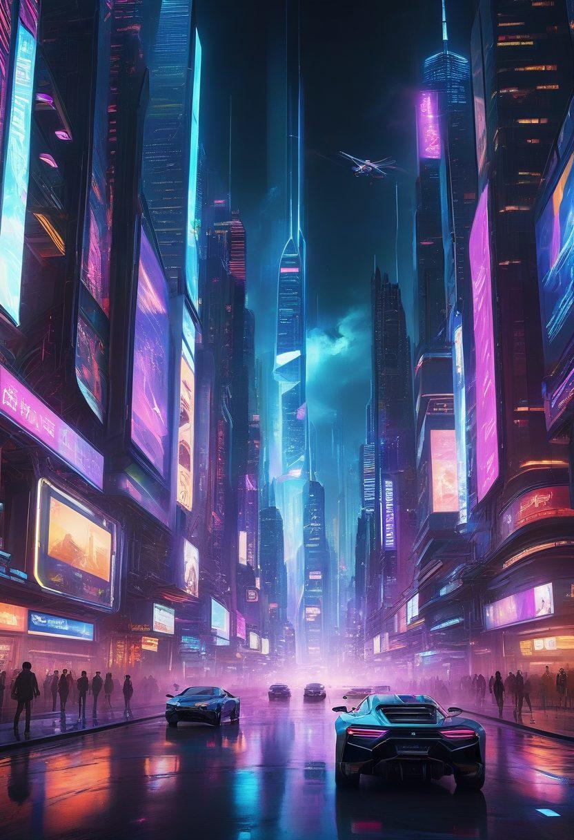 A futuristic cityscape with sleek skyscrapers, flying cars, and advanced technology, overlaid with holographic news reports and data charts indicating weather patterns and societal trends. The background should have a mix of digital screens showcasing global news bulletins and Almustaqbal's key predictions. Style: cyberpunk, vibrant colors, 3D.