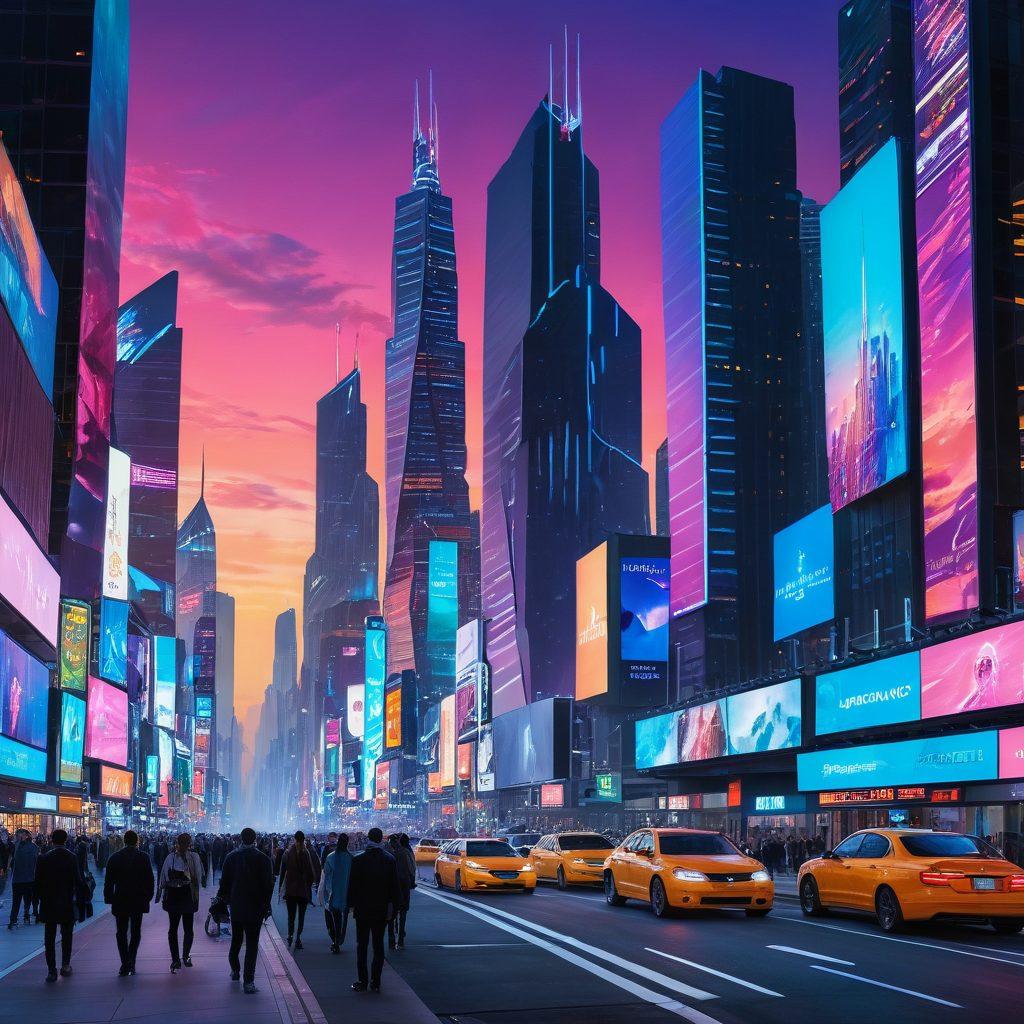 A futuristic city skyline with sleek, modern architecture and vibrant digital billboards showcasing the latest technology trends. A diverse crowd of people interacting with holographic interfaces and advanced gadgets. Soft, ambient lighting creates a sophisticated atmosphere, blending past and future elements. Painting. Vibrant colors. Futuristic aesthetic.